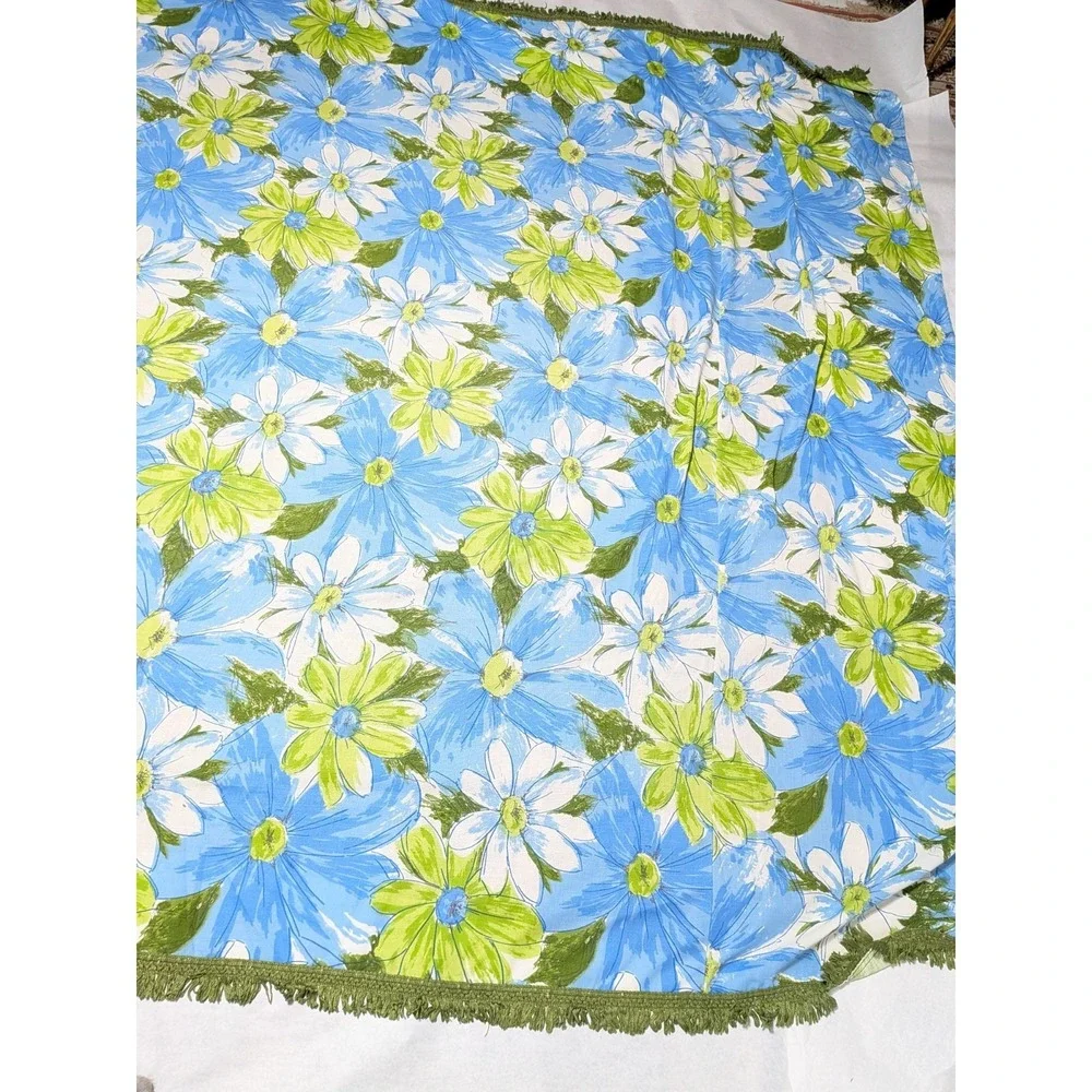 VTG Cannon Royal Family Queen Bedspread Mod 60s 70s Floral Fringe Green Blue